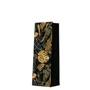 Darčeková taška premium na fľašu - Gold Leaves 12x10x37 cm